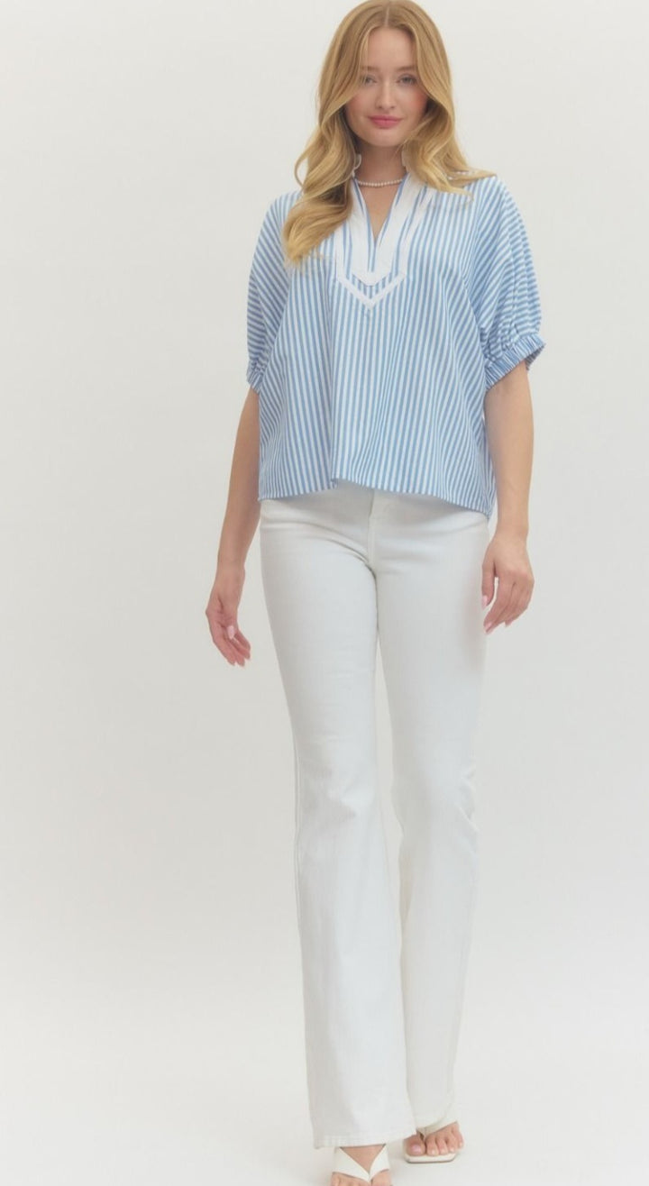 Light Blue Stripe V Neck Top