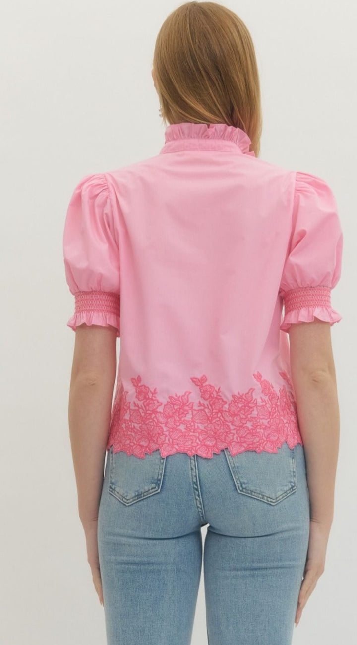 Pink Embroidered Border Hem Top