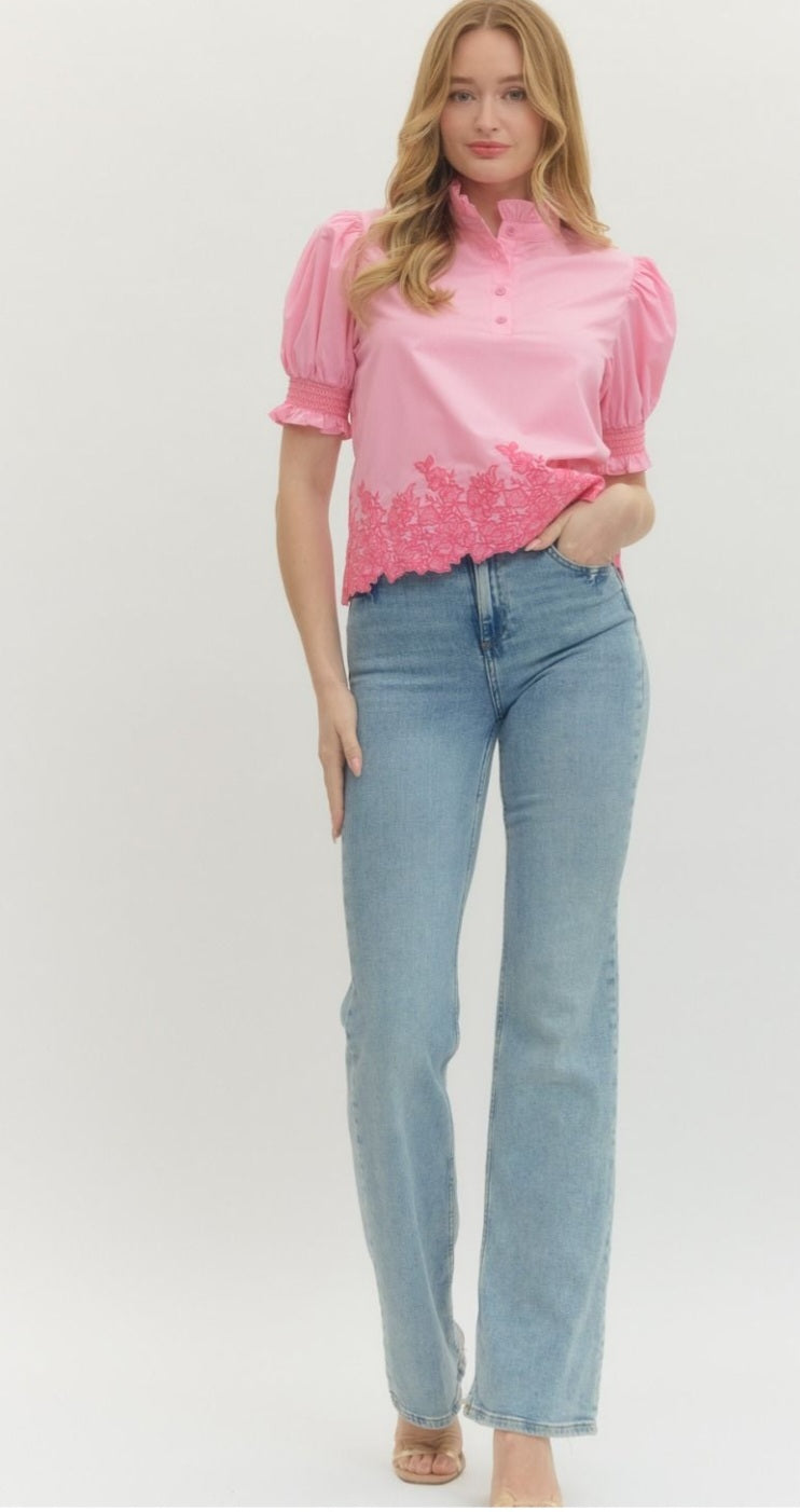 Pink Embroidered Border Hem Top