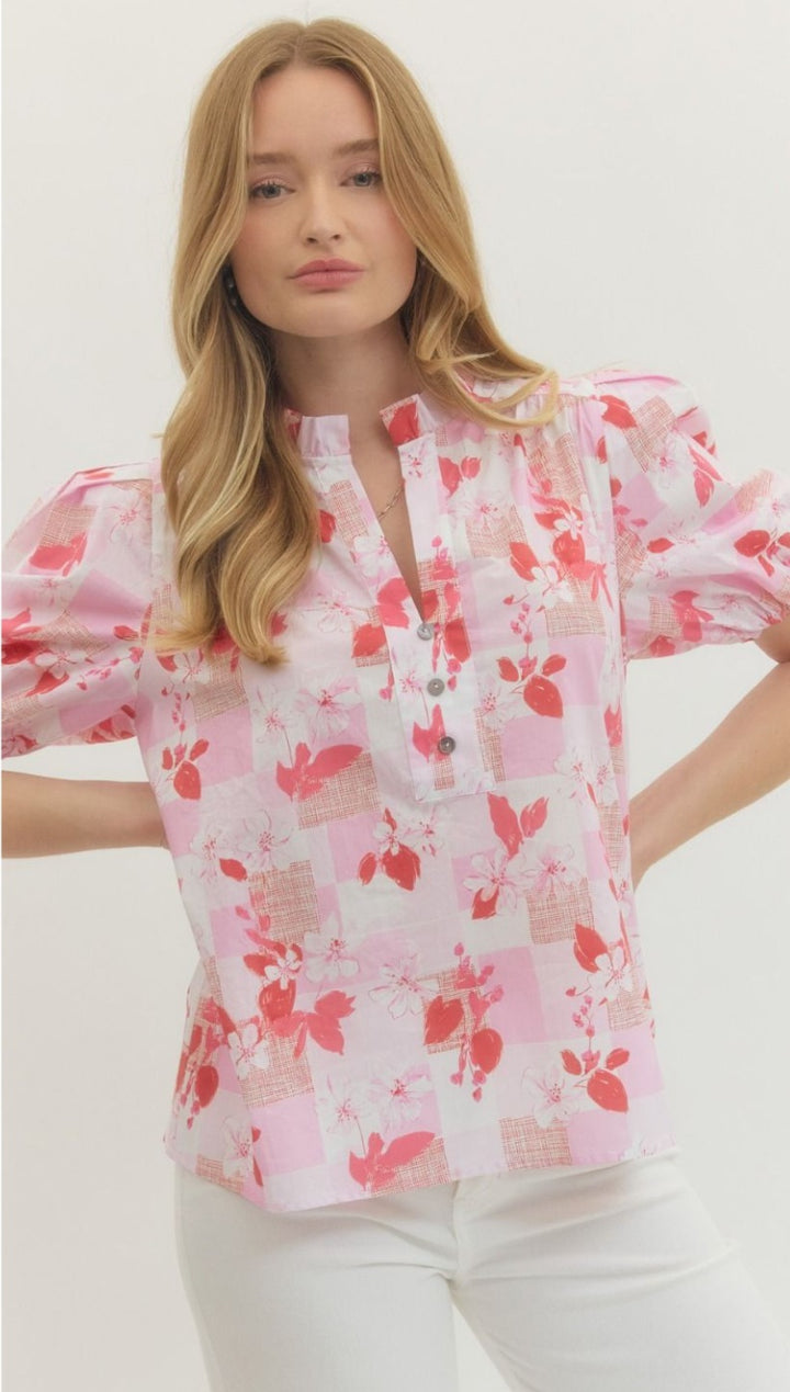 Pink Floral Puff Sleeve Top
