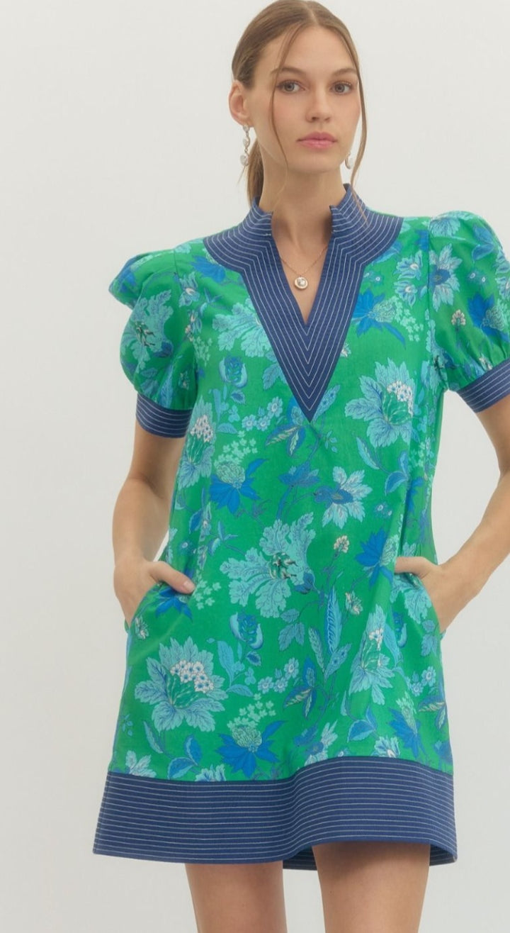 Green/Blue Floral Print Dress