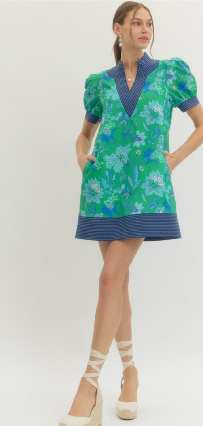 Green/Blue Floral Print Dress
