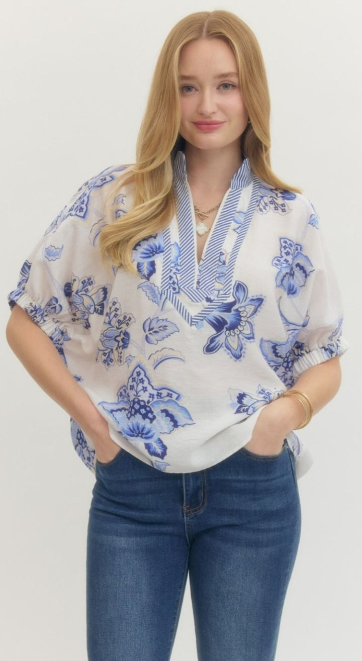 Blue Floral V Neck Top