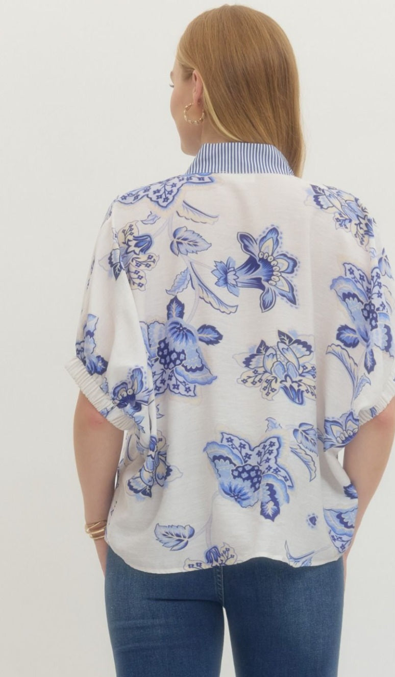 Blue Floral V Neck Top