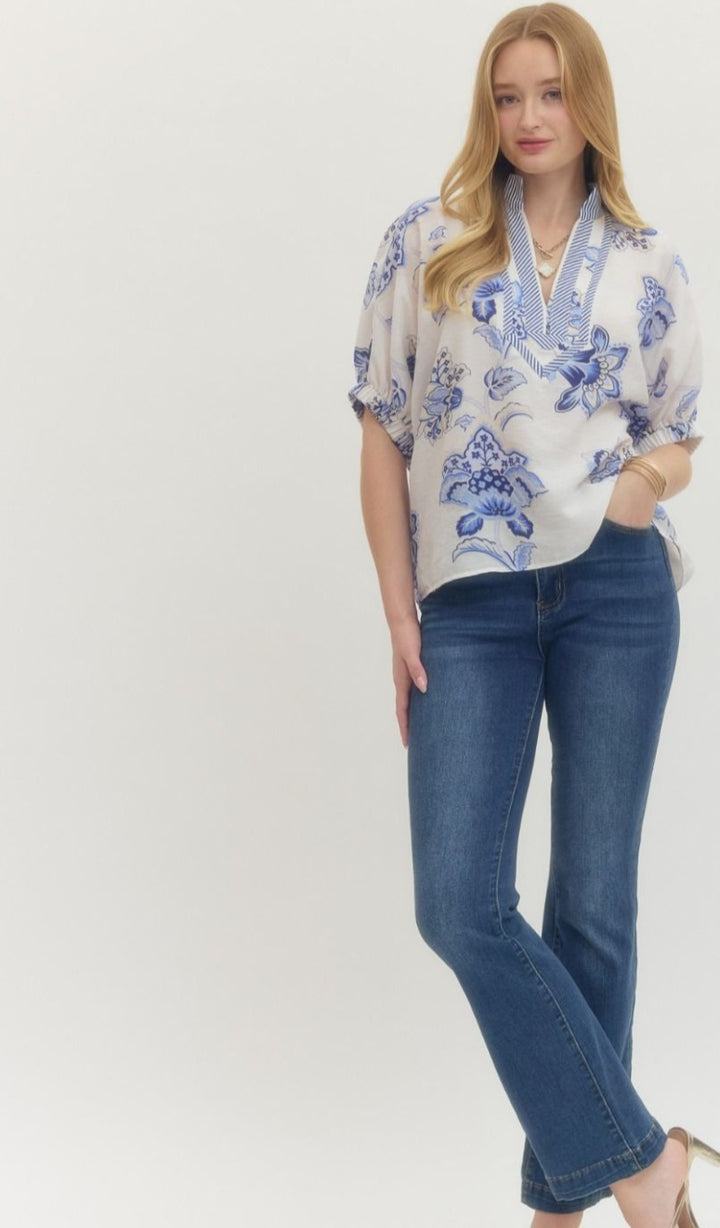 Blue Floral V Neck Top