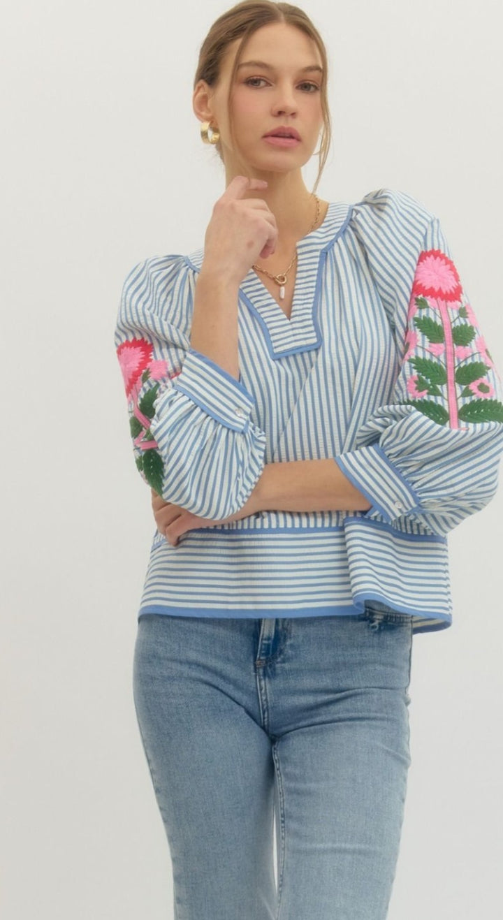 Blue Stripe Floral Sleeve Top