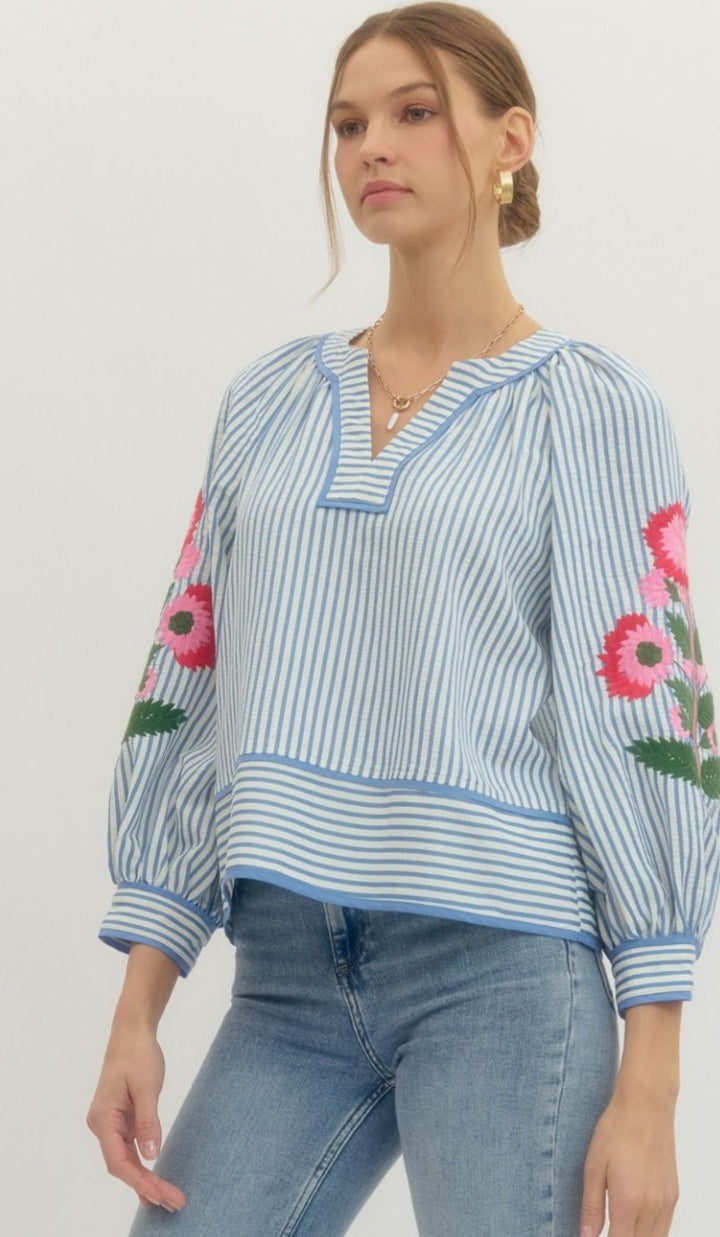 Blue Stripe Floral Sleeve Top