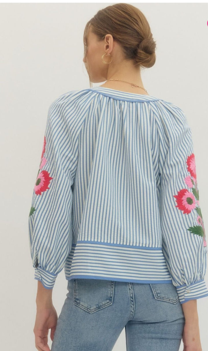 Blue Stripe Floral Sleeve Top