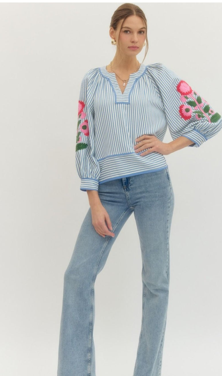 Blue Stripe Floral Sleeve Top