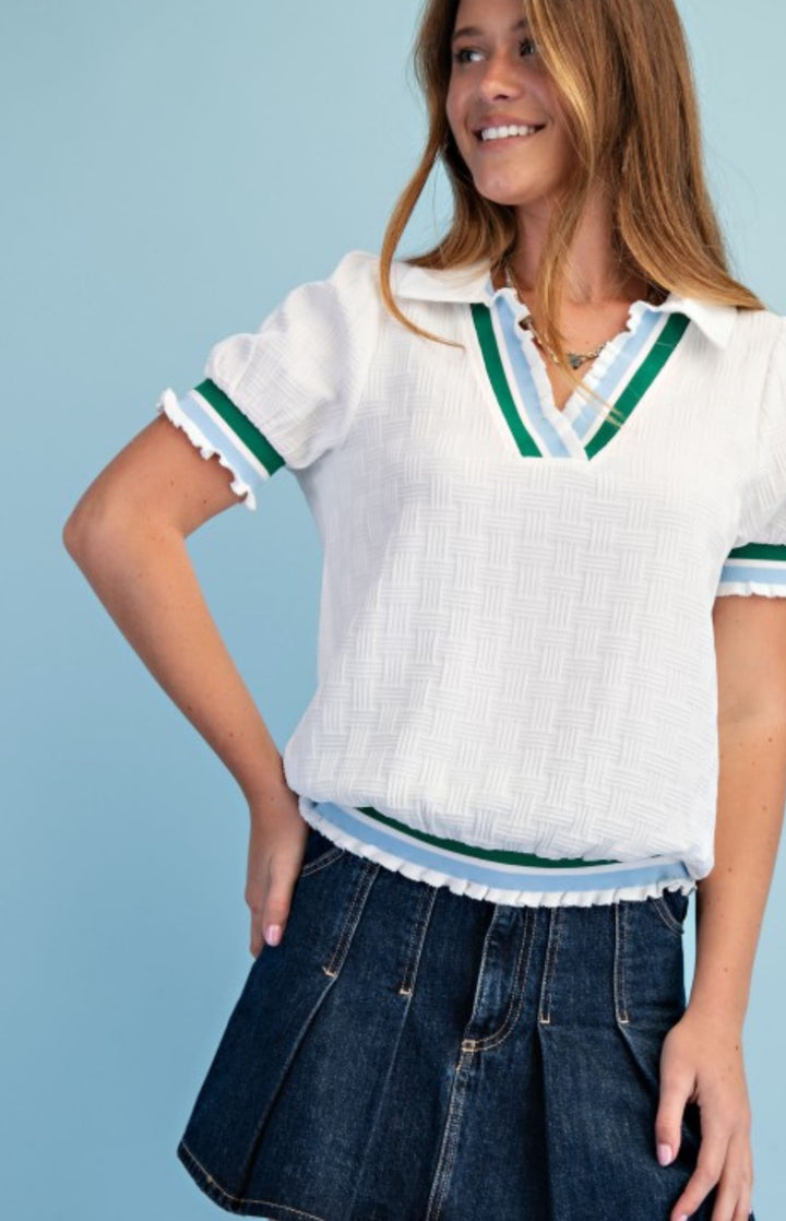 White V Neck With Ruffle Contrast Top