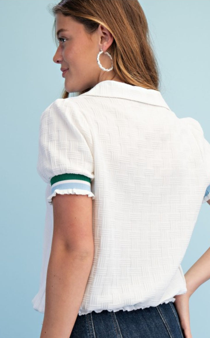 White V Neck With Ruffle Contrast Top