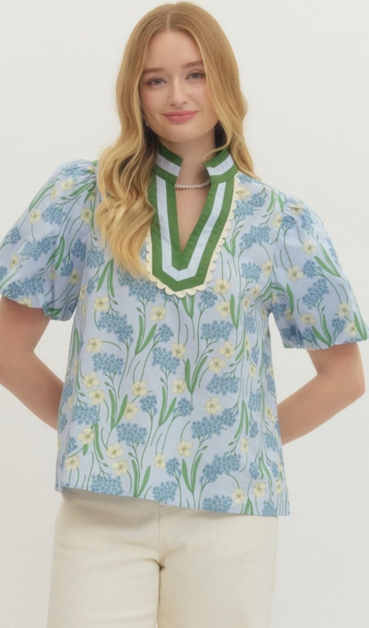 Blue Floral Bubble Sleeve Top