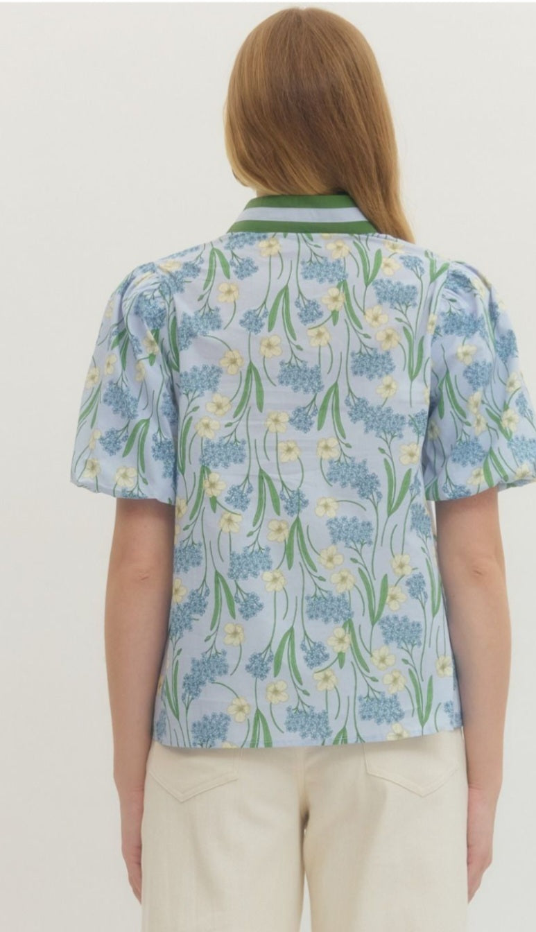 Blue Floral Bubble Sleeve Top