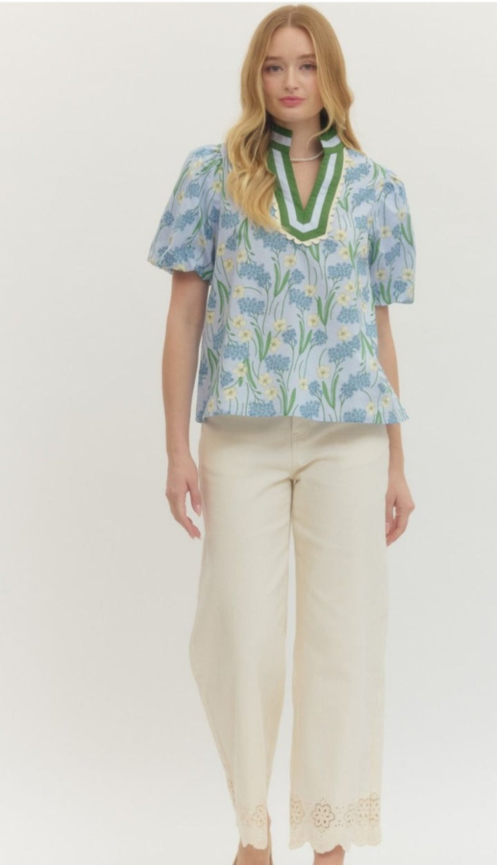 Blue Floral Bubble Sleeve Top