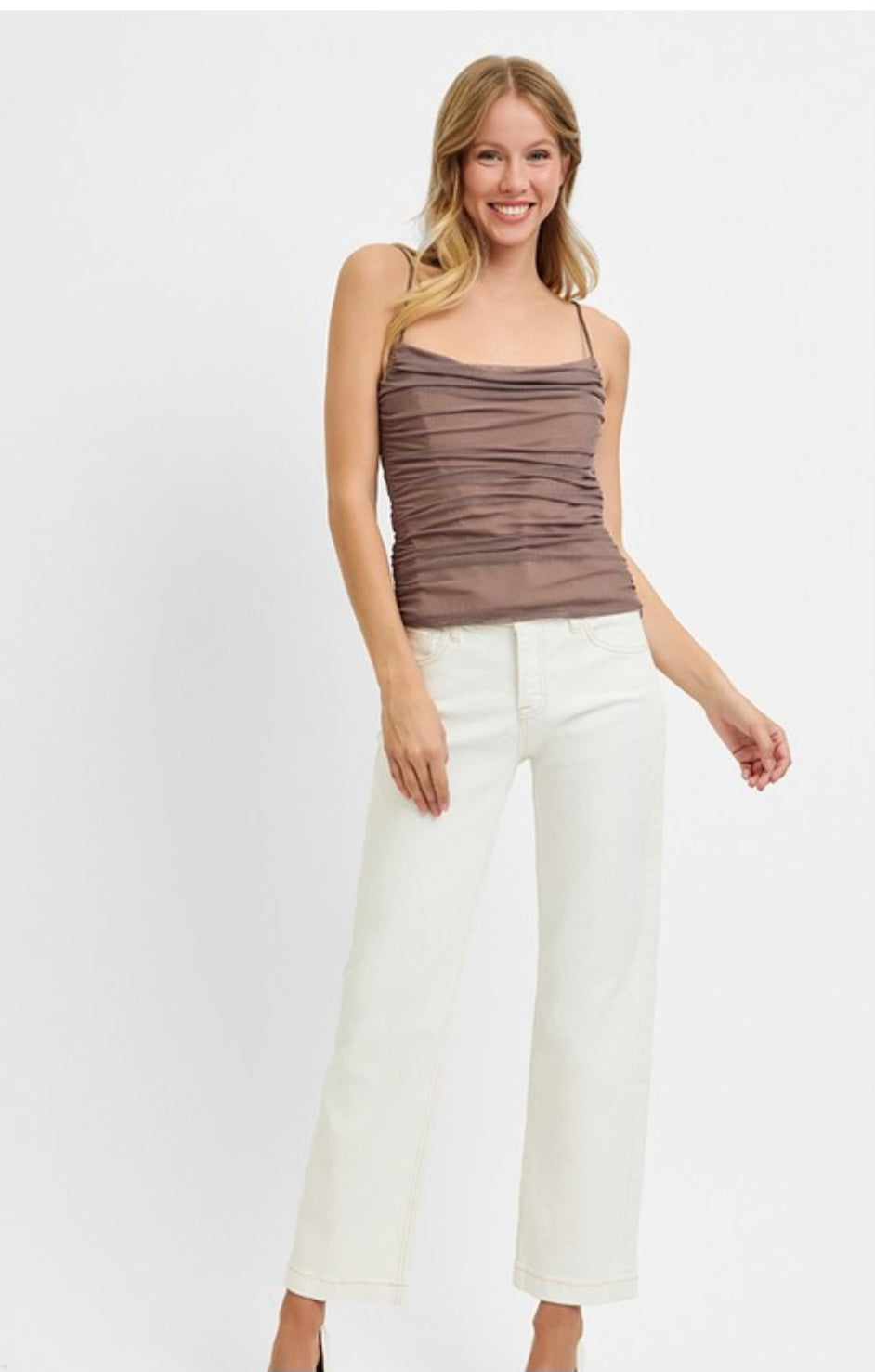 Cream Mid Rise Ankle Straight Jeans
