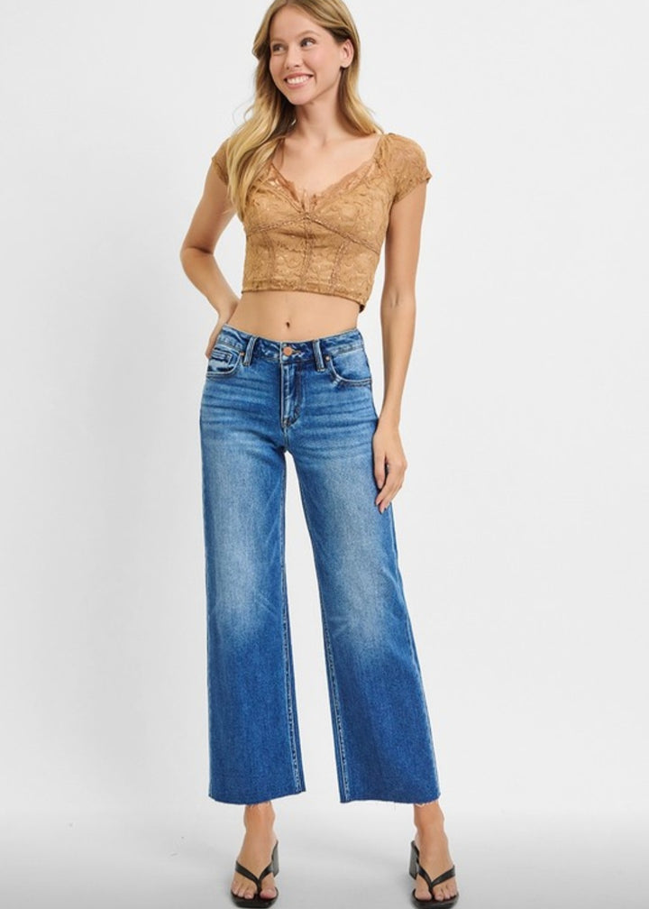 Denim Mid Rise Crop Straight Clean Cut Hem