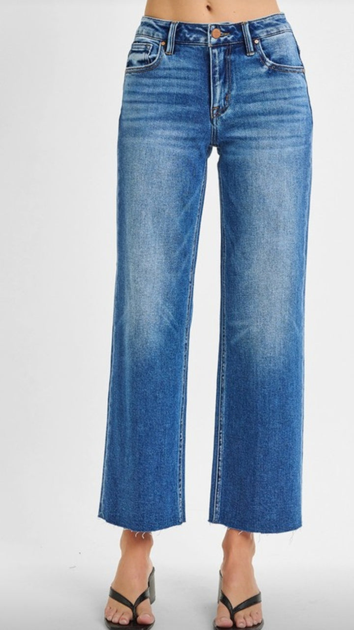 Denim Mid Rise Crop Straight Clean Cut Hem