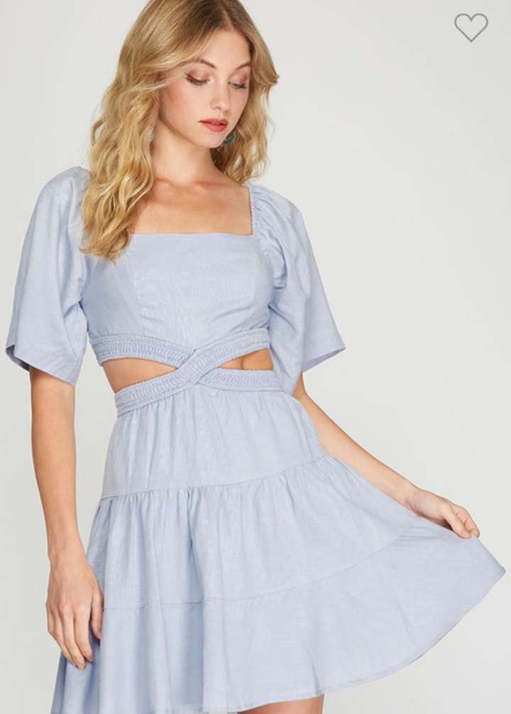 Light Blue Linen Open Waist Tier Dress