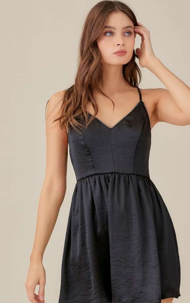 Black Satin Studded Cami Dress