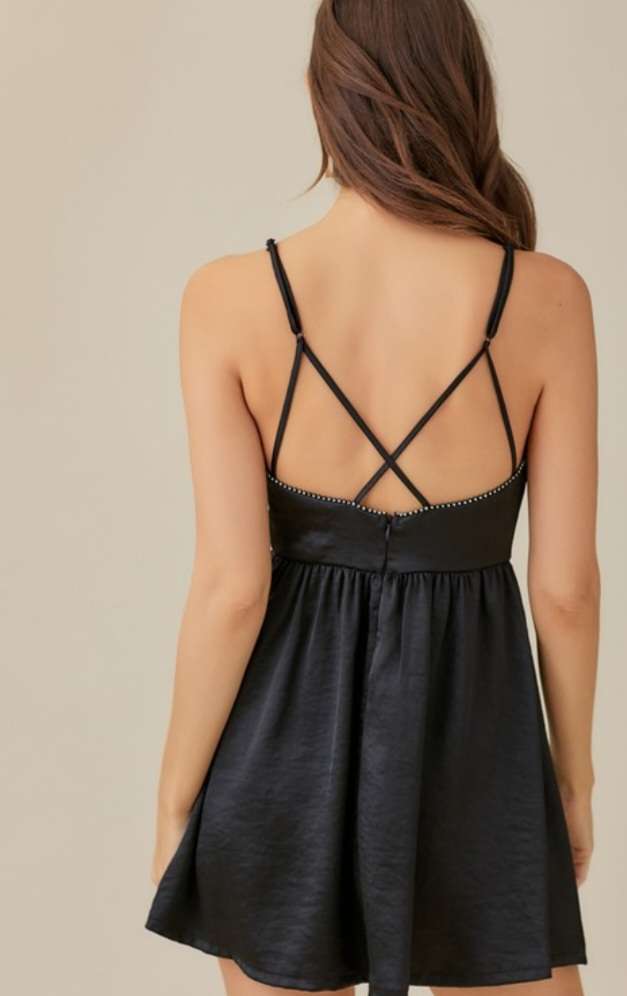 Black Satin Studded Cami Dress