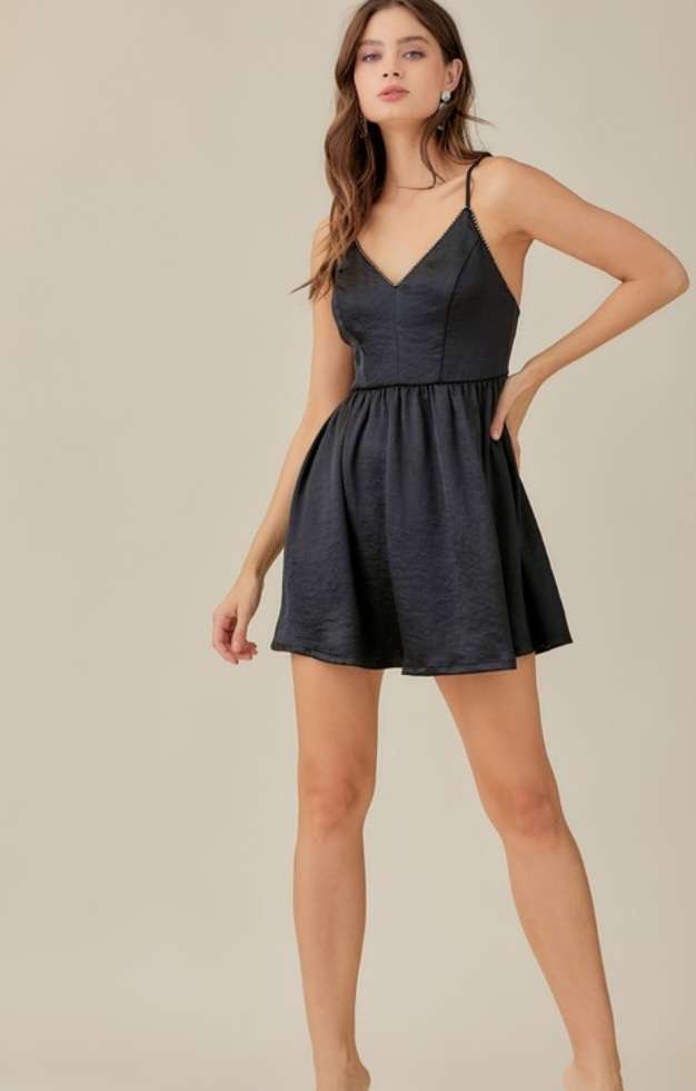 Black Satin Studded Cami Dress