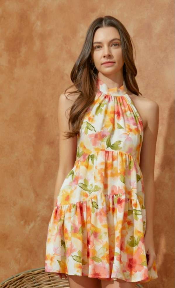 Orange Floral Halter Dress