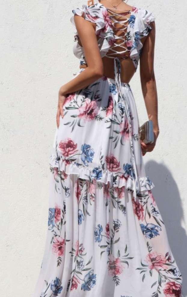 White Flower Print Back Lace Up Dress