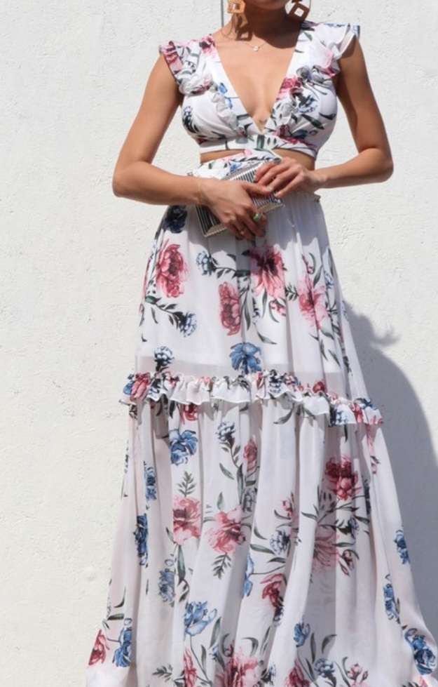 White Flower Print Back Lace Up Dress