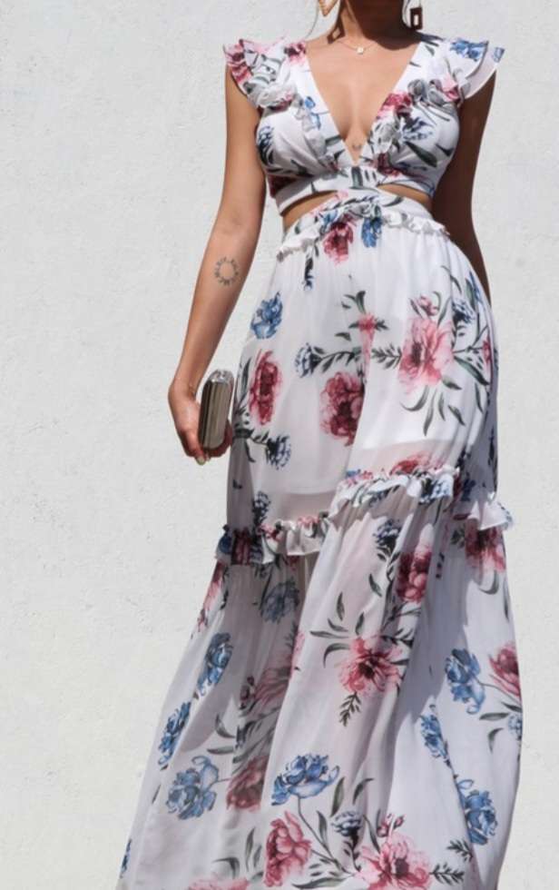 White Flower Print Back Lace Up Dress