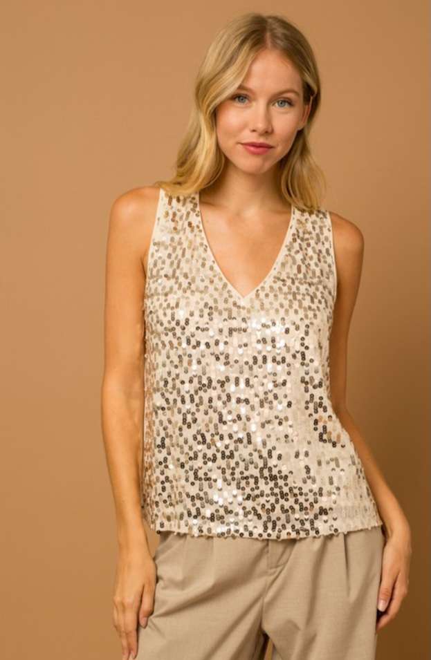 Champagne V-Neck Sequin Tank
