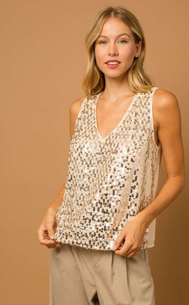 Champagne V-Neck Sequin Tank