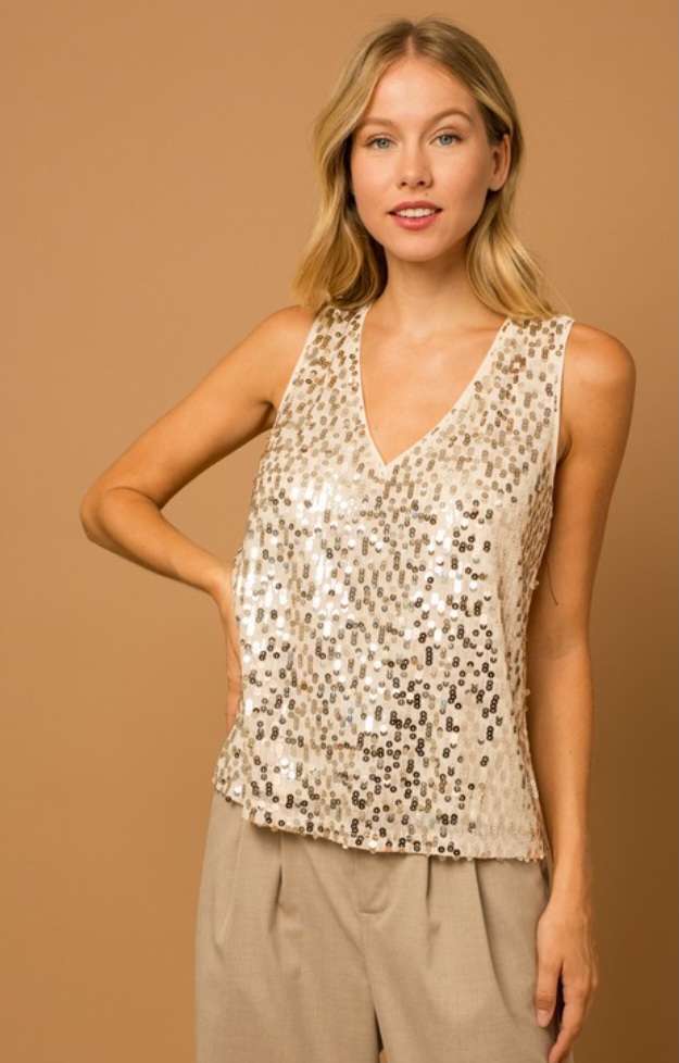 Champagne V-Neck Sequin Tank