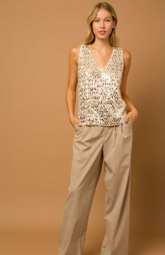Champagne V-Neck Sequin Tank