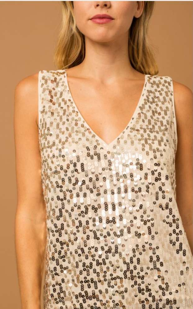 Champagne V-Neck Sequin Tank