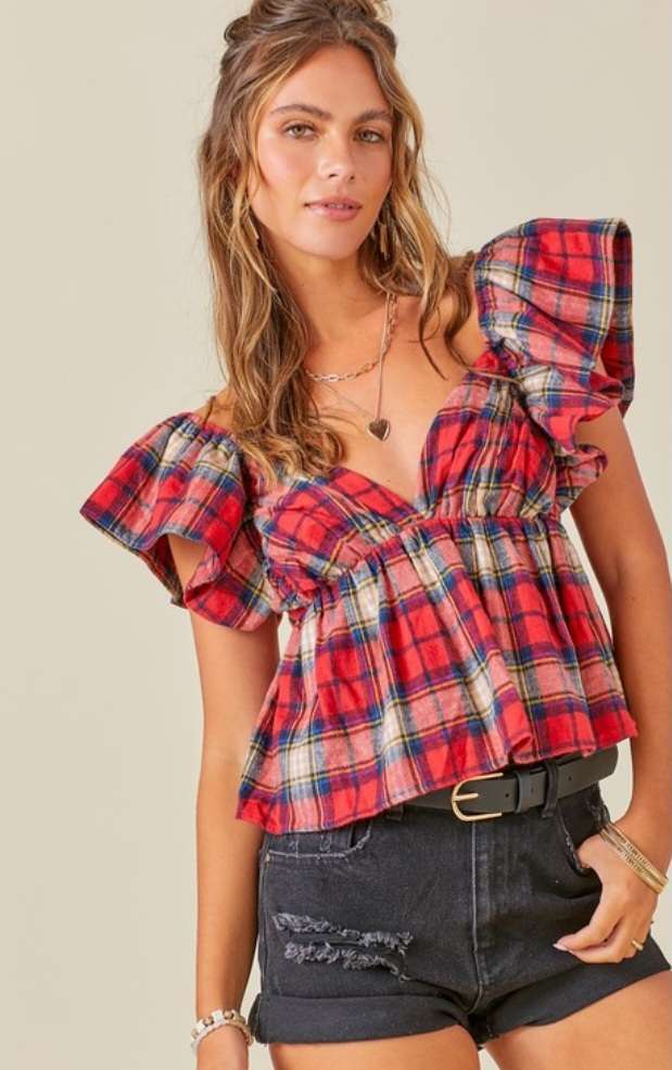 Red Plaid Ruffle Top