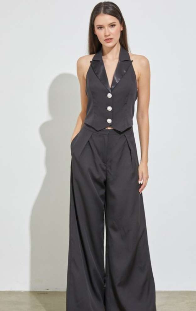 Black Halter Vest Open Back Jumpsuit