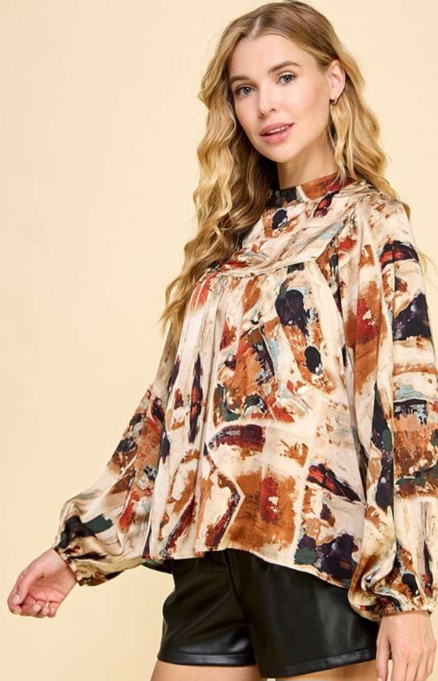 Taupe Abstract Print Top