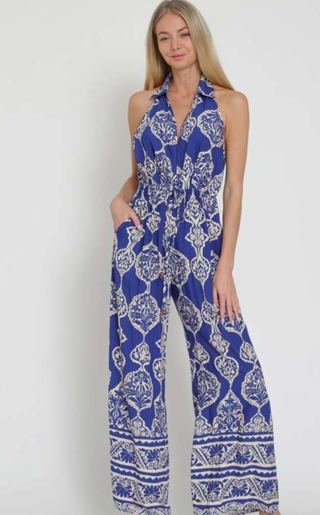 Royal Blue & White Halter Jumpsuit
