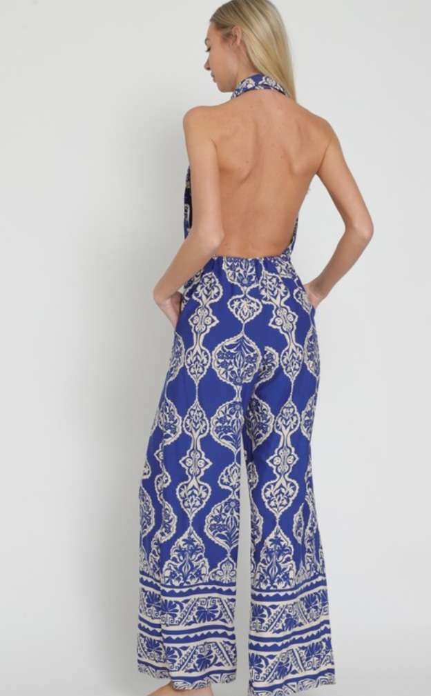 Royal Blue & White Halter Jumpsuit
