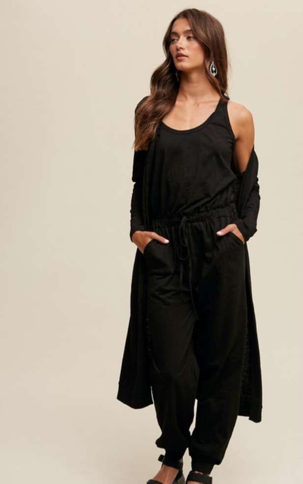 Black Jumpsuit Cardigan Set