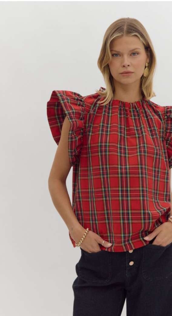 Dolly Red Plaid Mock Neck Flutter Sleeve Top