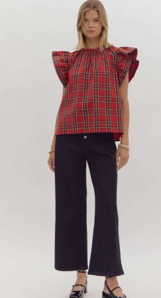 Dolly Red Plaid Mock Neck Flutter Sleeve Top