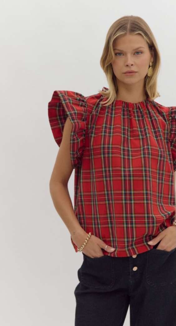 Dolly Red Plaid Mock Neck Flutter Sleeve Top