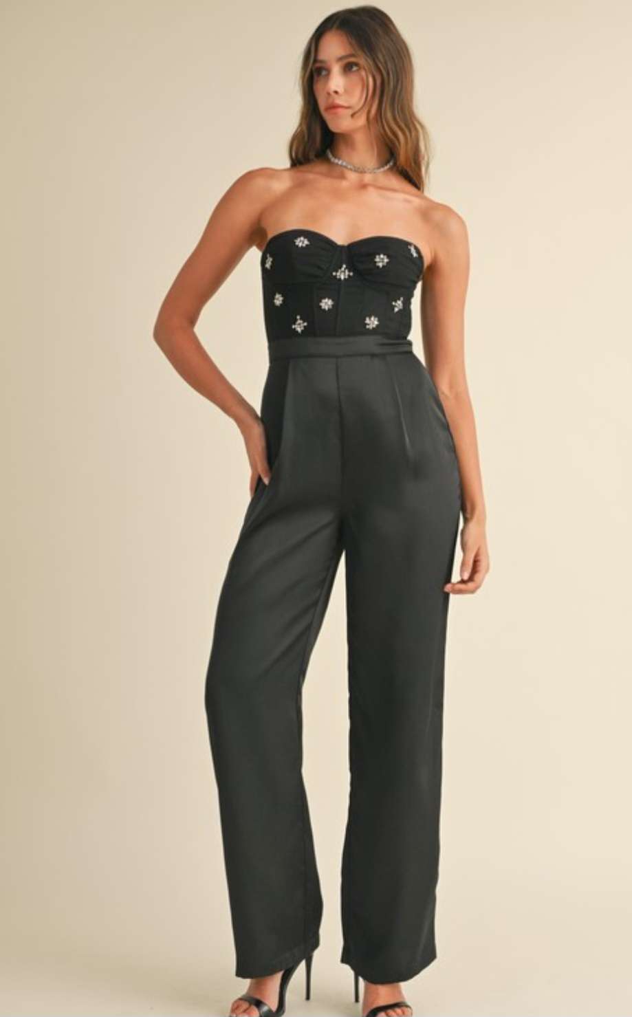 Stephanie Black Rhinestone Bustier Jumpsuit