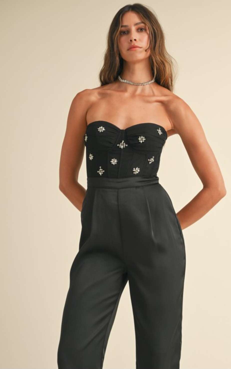 Stephanie Black Rhinestone Bustier Jumpsuit
