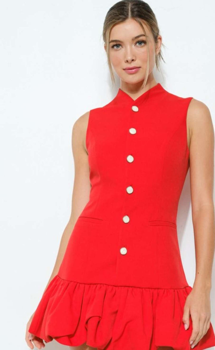 Elena Red Button Bubble Hem Dress