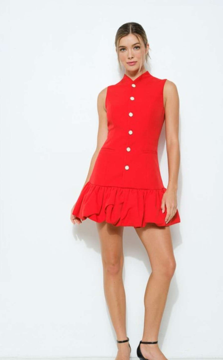 Elena Red Button Bubble Hem Dress