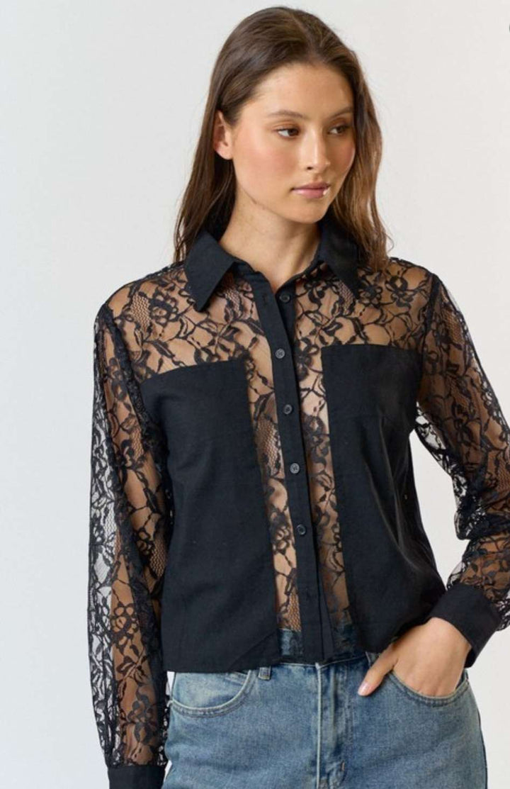 Black Sheer Lace Color Block Button Top