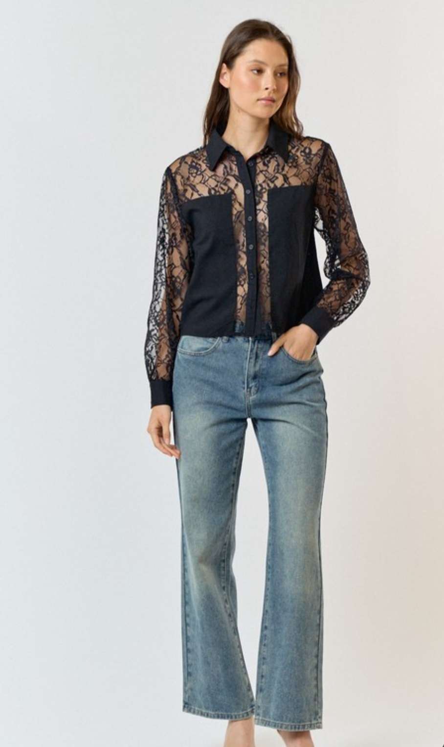 Black Sheer Lace Color Block Button Top