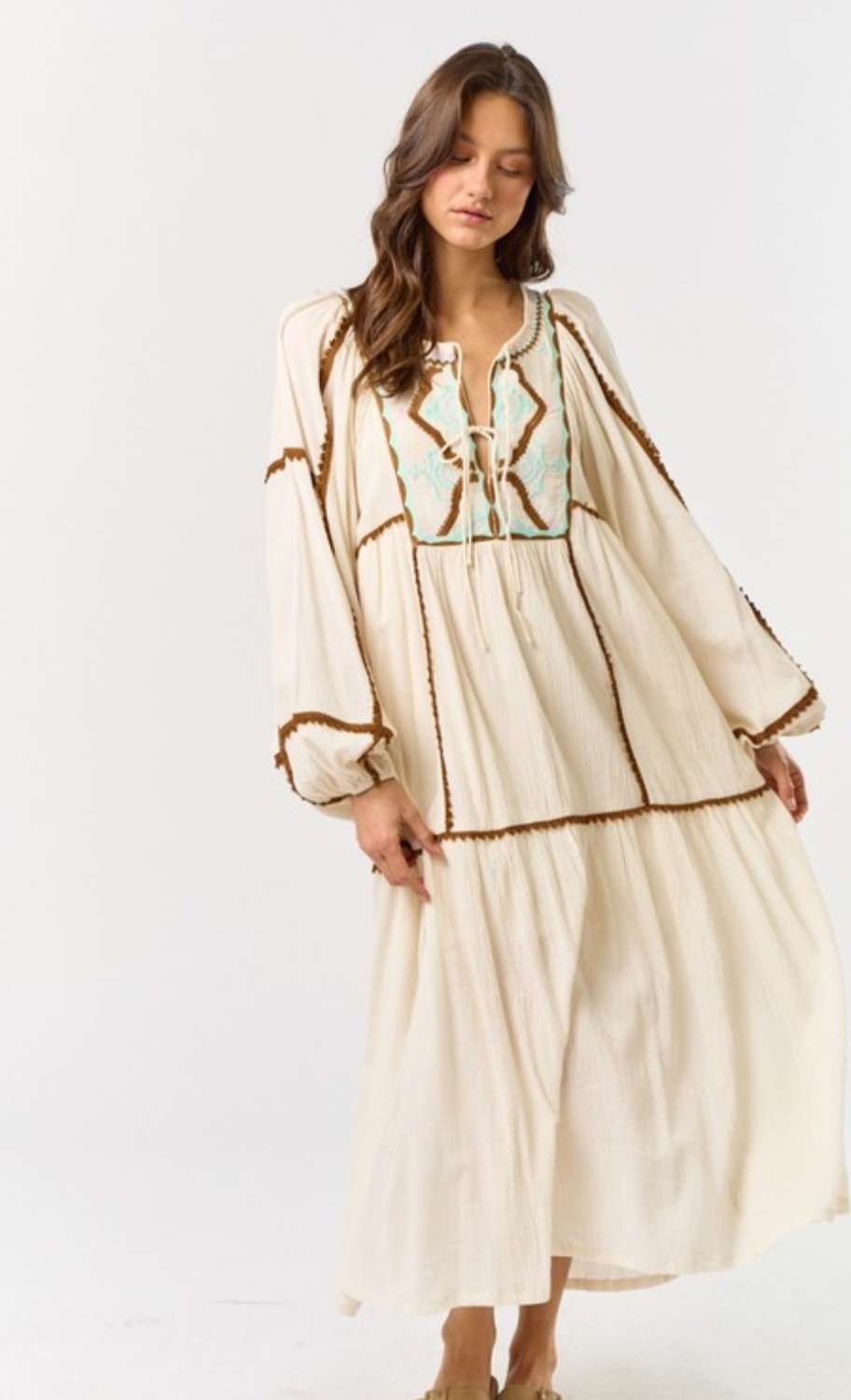 Ivory Embroidered Puff Long Sleeve Dress